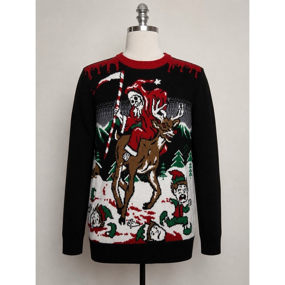 Black Matter Ugly Christmas Sweater Grim Reaper Reindeer Horror Knit Mens' Small